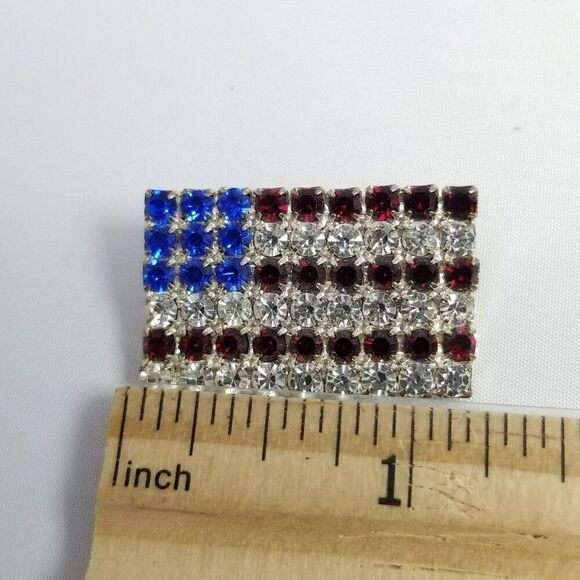 Vintage Rhinestone American Flag Brooch, Red White Blue Silver Tone Lapel Pin - Picture 5 of 7